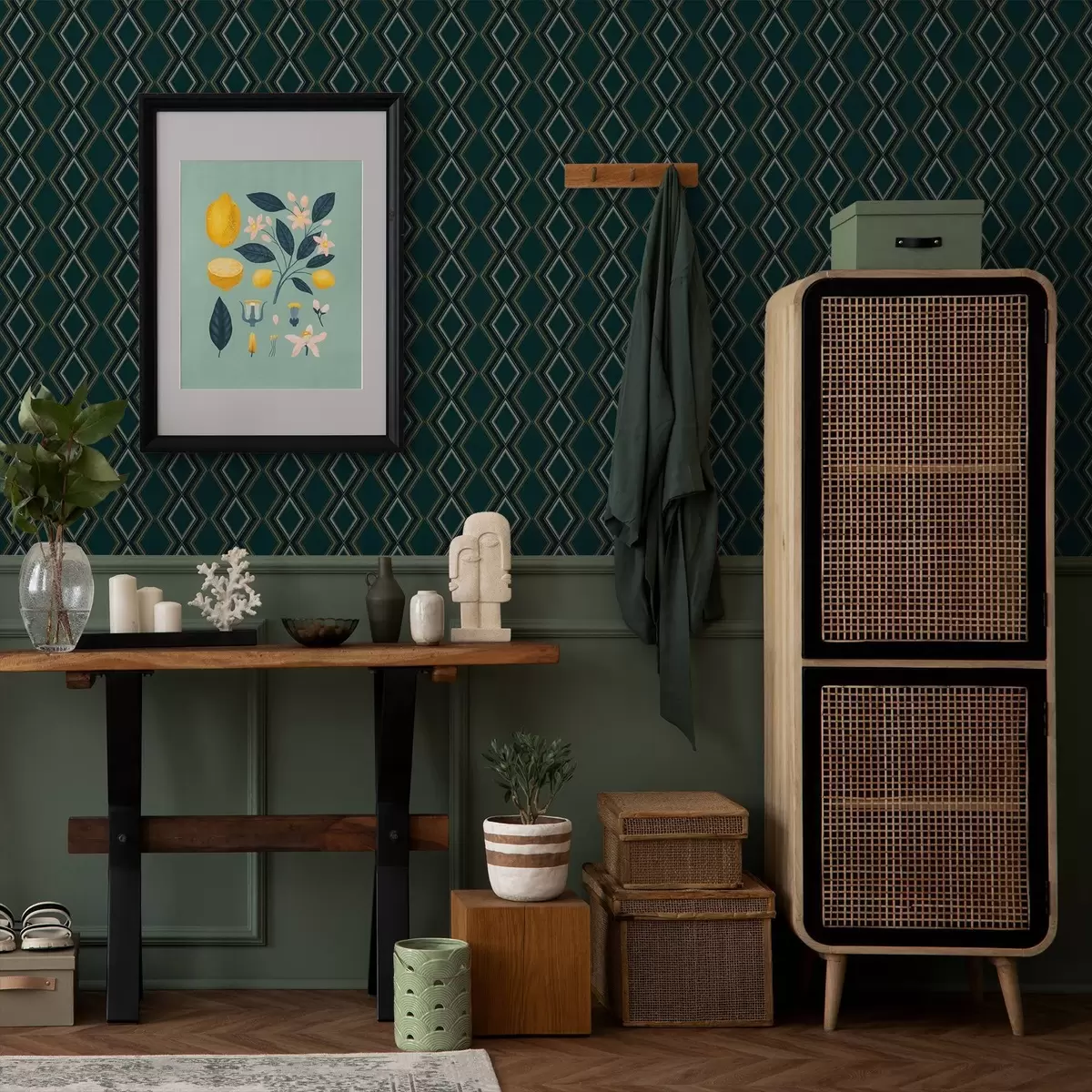 Papel pintado Fondo verde azulado oscuro con filas verticales de rombos. a00976