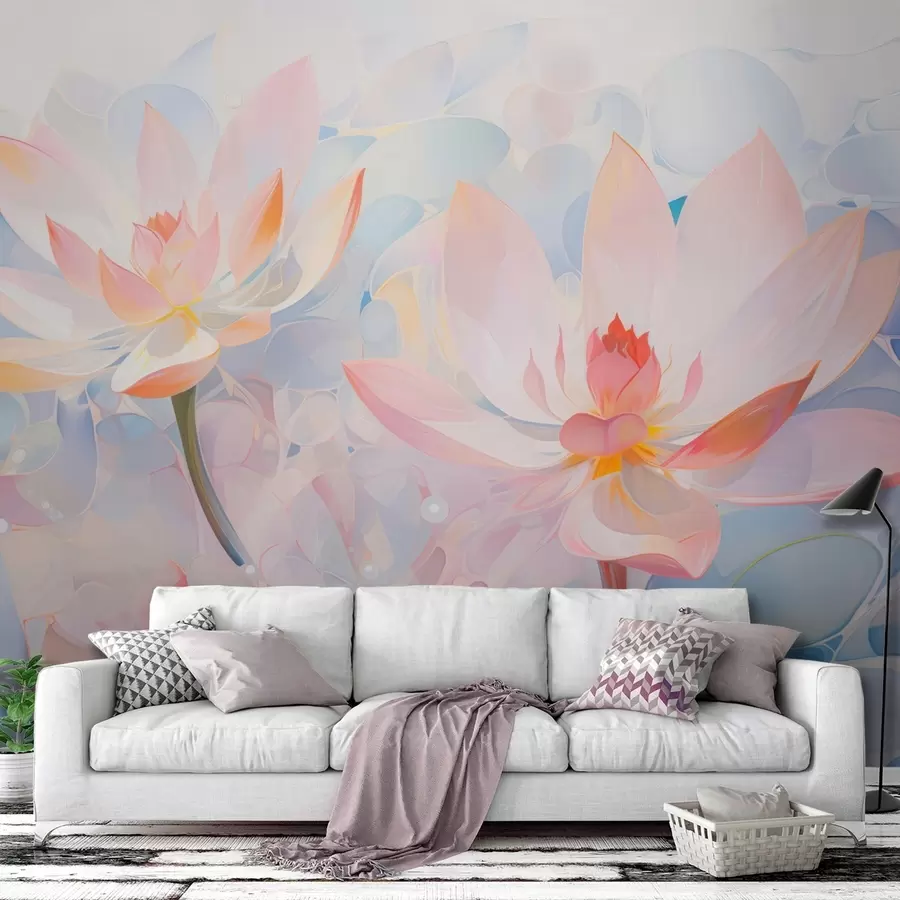 murales de pared Flores de loto en tonos pastel suaves, estilo acuarela. w09512