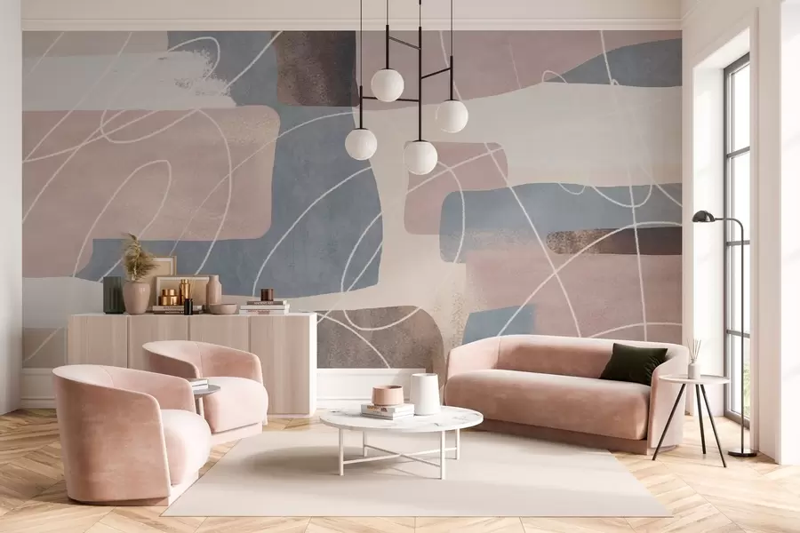 murales de pared abstracción moderna en tonos rosa empolvado, gris azulado, beige y marrón w04877