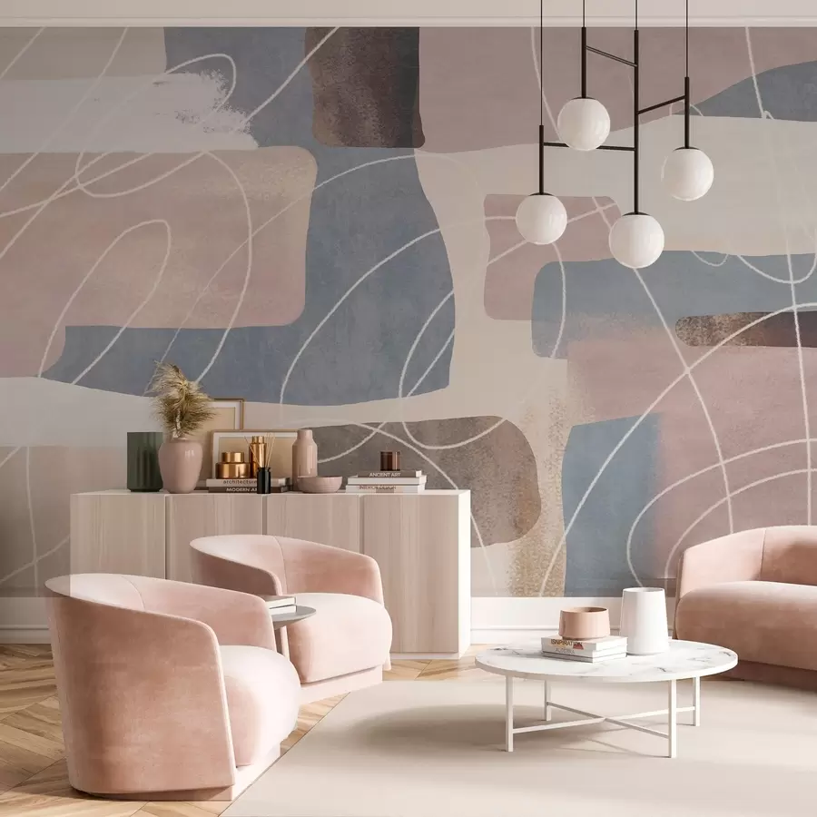 murales de pared abstracción moderna en tonos rosa empolvado, gris azulado, beige y marrón w04877