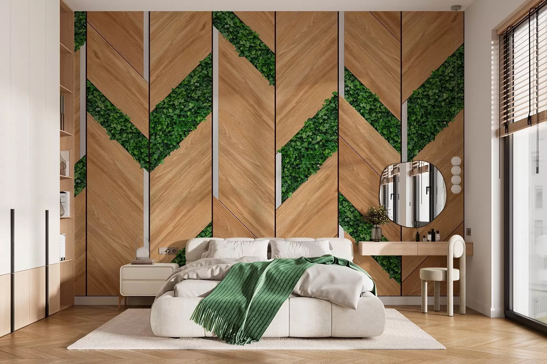 murales de pared imitación de paneles de madera clara con inserciones vegetales w04875