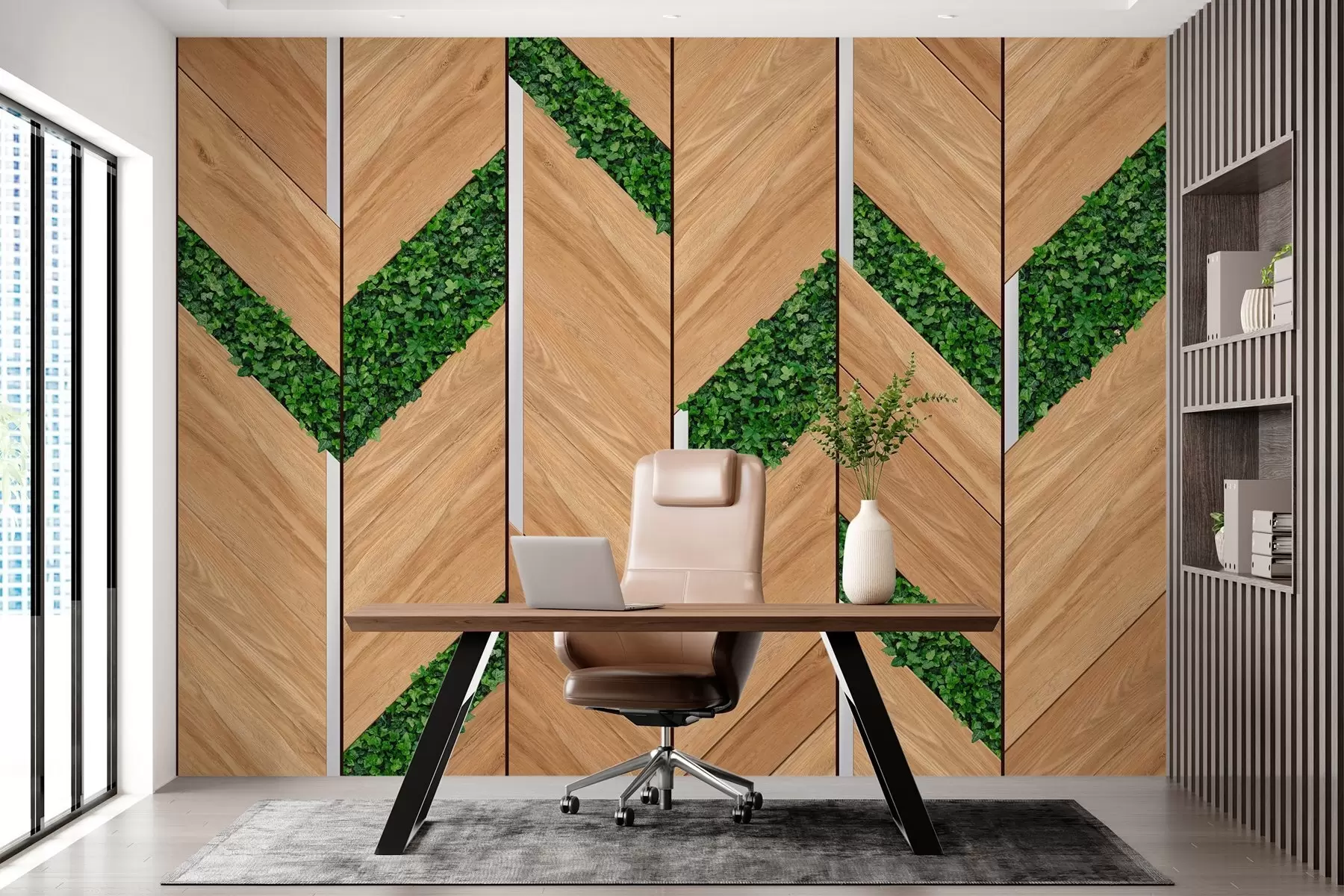 murales de pared imitación de paneles de madera clara con inserciones vegetales w04875