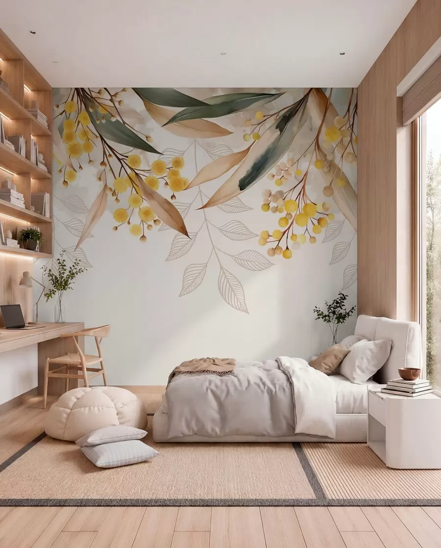 murales de pared flores y hojas de mimosa cayendo desde arriba en estilo acuarela w04880