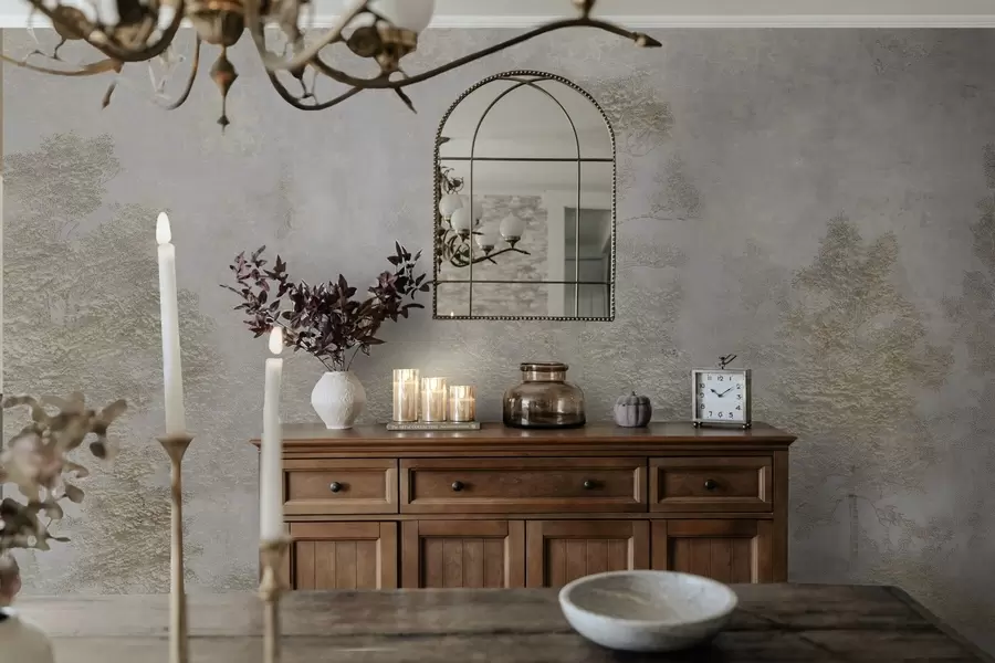 murales de pared Bosque brumoso con una garza blanca y textura suave. w04953