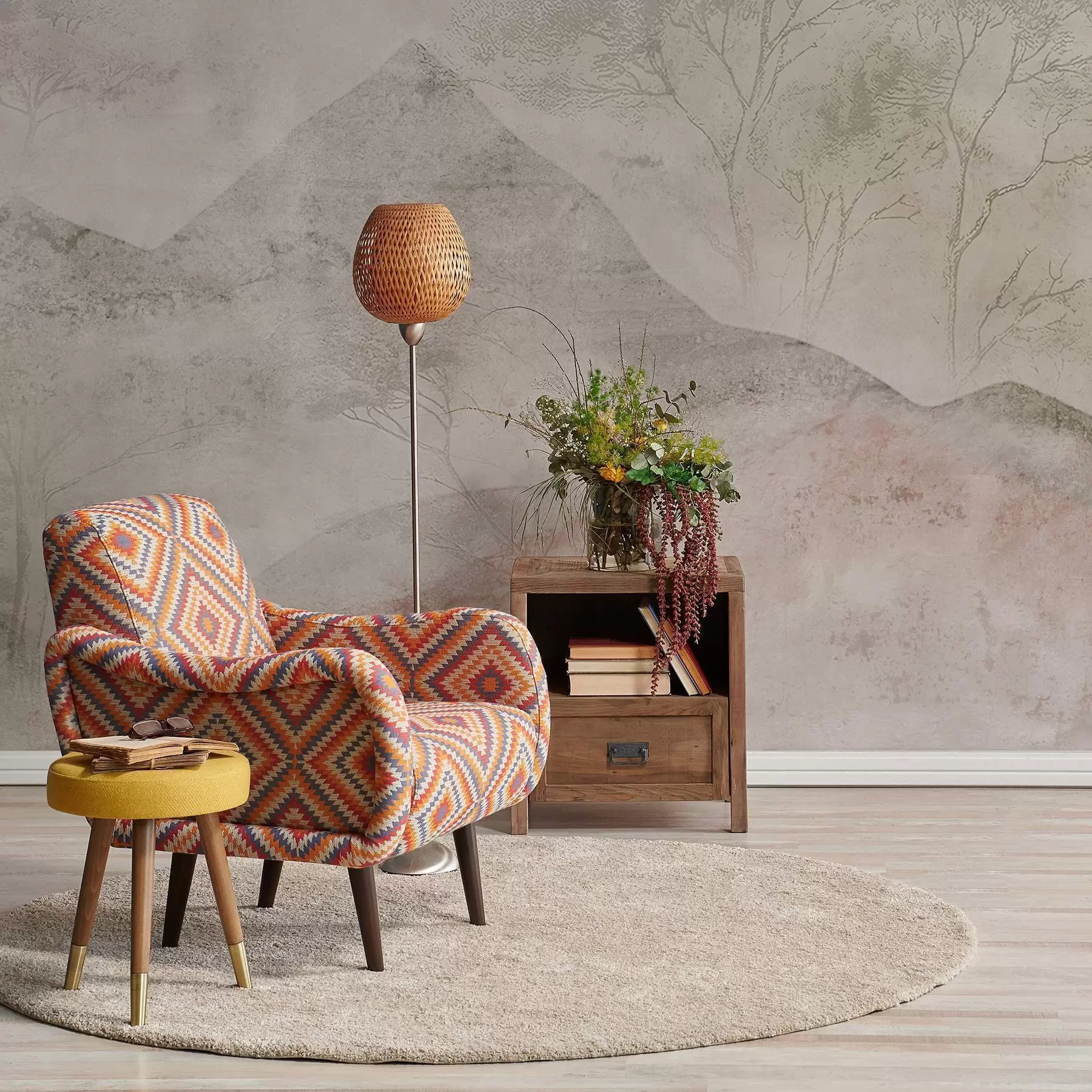 murales de pared Montañas y árboles en tonos pastel suaves envueltos en una ligera niebla w04954