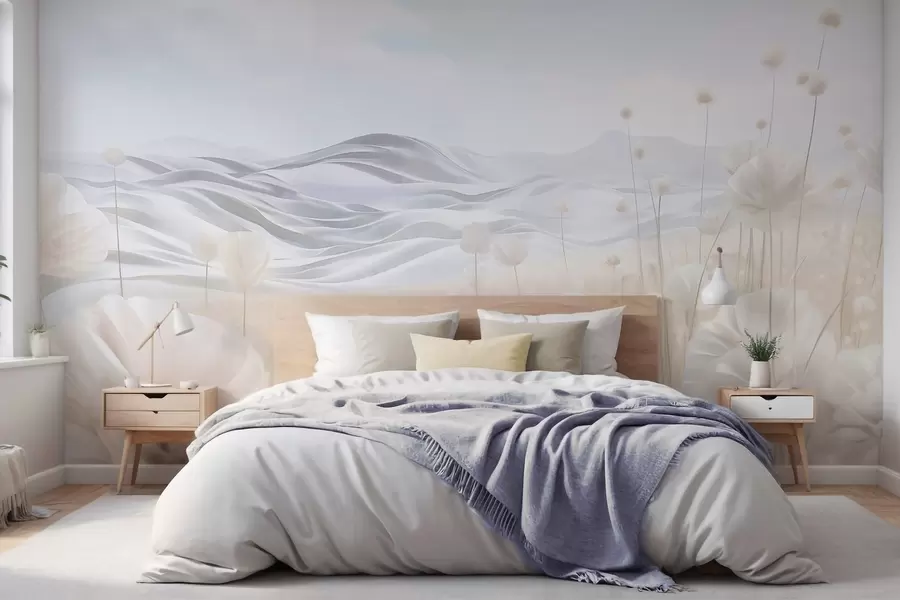 murales de pared Campo texturizado de amapolas cremosas con colinas onduladas bajo un cielo azul pálido con nubes suaves, colores pastel w09553