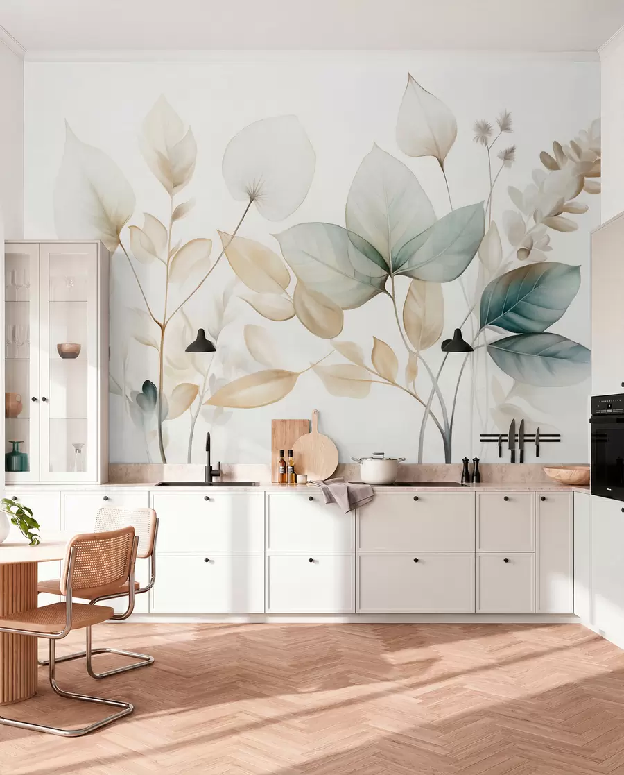 murales de pared Hojas translúcidas con textura en tonos apagados de beige y verde azulado, con tallos delicados sobre un fondo suave y claro w09583