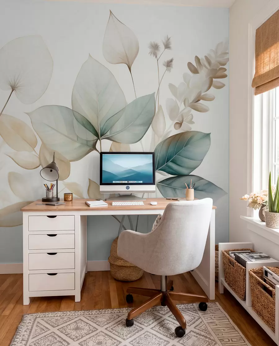 murales de pared Hojas translúcidas con textura en tonos apagados de beige y verde azulado, con tallos delicados sobre un fondo suave y claro w09583
