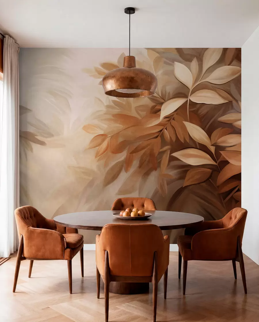 murales de pared Hojas marrones y beige con un follaje de textura suave y difuminada, en un estilo pictórico con pinceladas visibles w09584