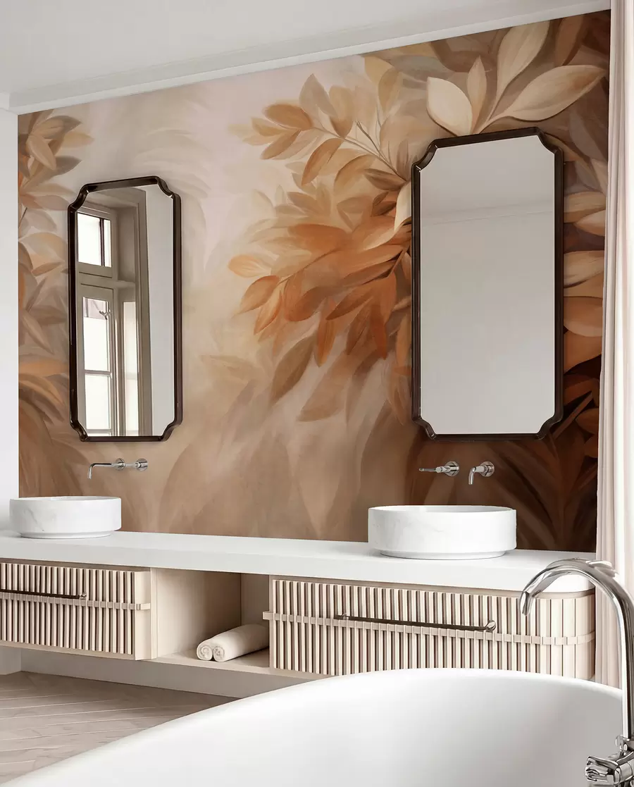 murales de pared Hojas marrones y beige con un follaje de textura suave y difuminada, en un estilo pictórico con pinceladas visibles w09584