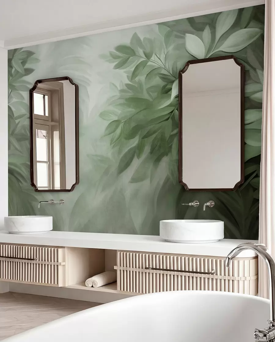 murales de pared Hojas verdes y grises con un follaje de textura suave y difuminada, en un estilo pictórico con pinceladas visibles w09584v1