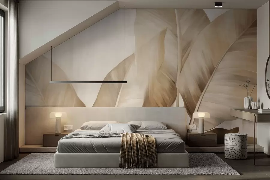 murales de pared Hojas de plátano grandes y texturizadas de color marrón claro sobre un fondo beige claro, con una estética suave y minimalista w09586