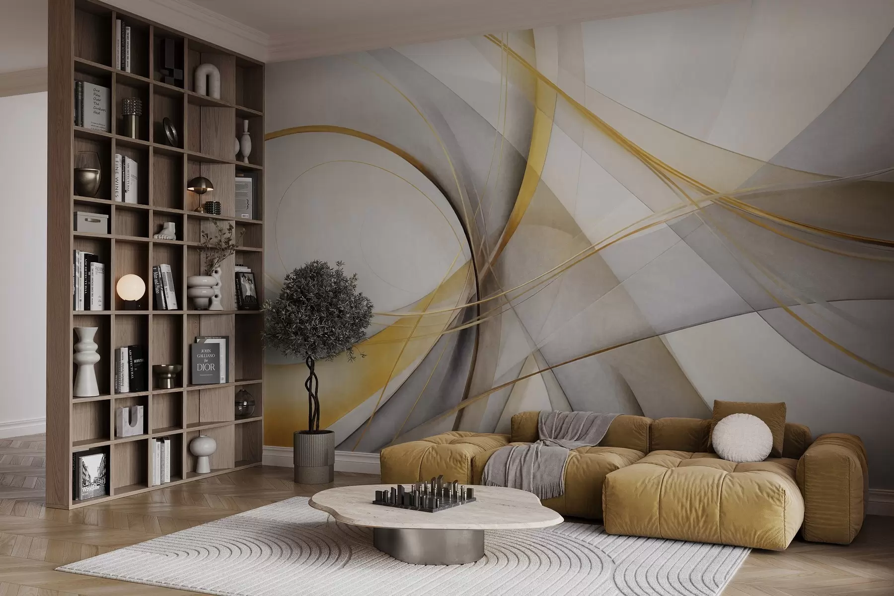 murales de pared Líneas abstractas fluidas en amarillo y blanco sobre fondo gris, con sensación de movimiento y profundidad, arte moderno w09587