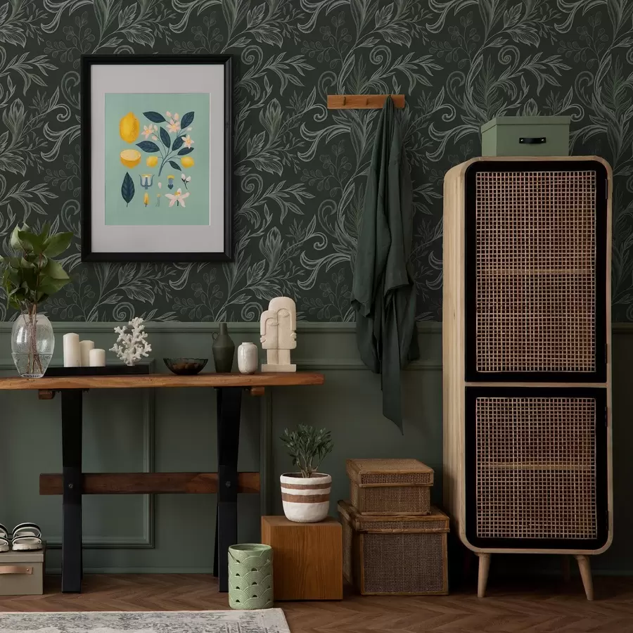 murales de pared Hojas rizadas de bosque profundo en tonos verdes calcáreos. a00935v2