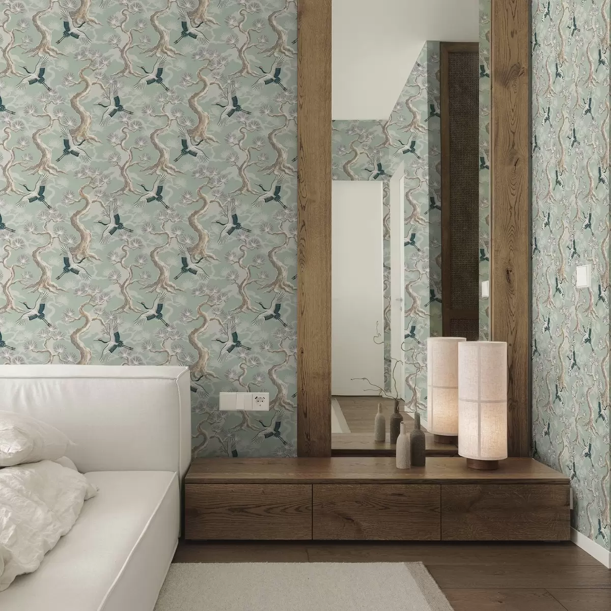 Papel pintado Grullas entre ramas curvadas sobre un suave fondo color salvia. a01023