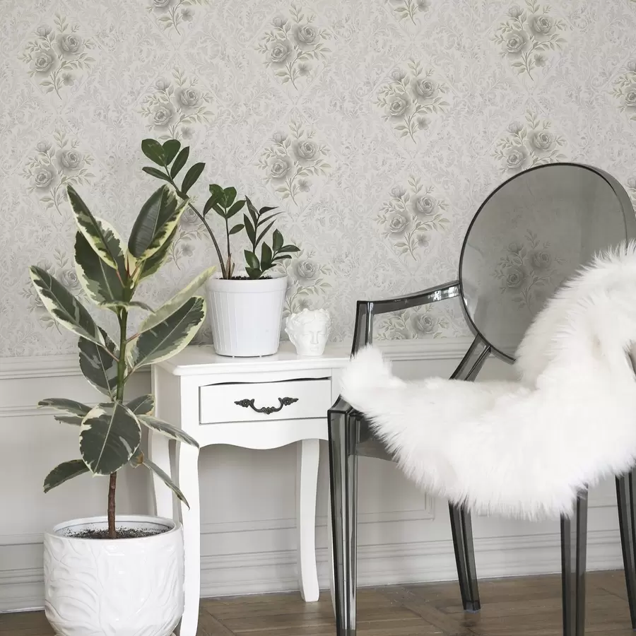 murales de pared Diseño damasco claro con rosas grises en rombos suaves. a01024