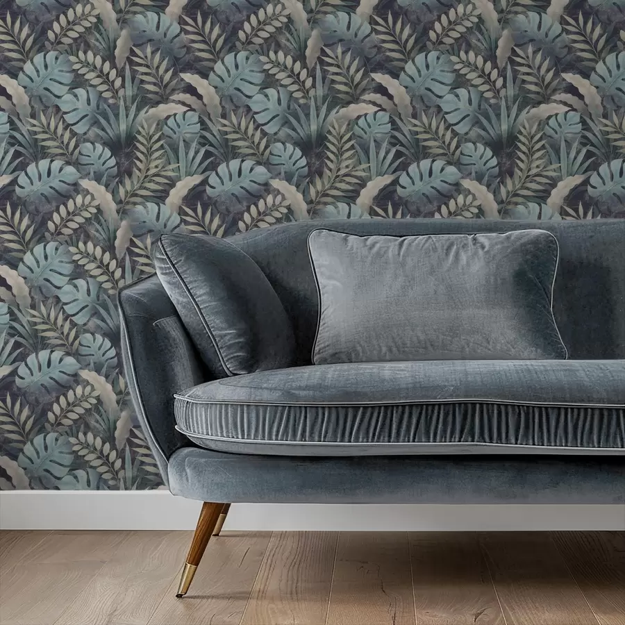 murales de pared Follaje tropical en tonos azul verdosos fríos. a01035