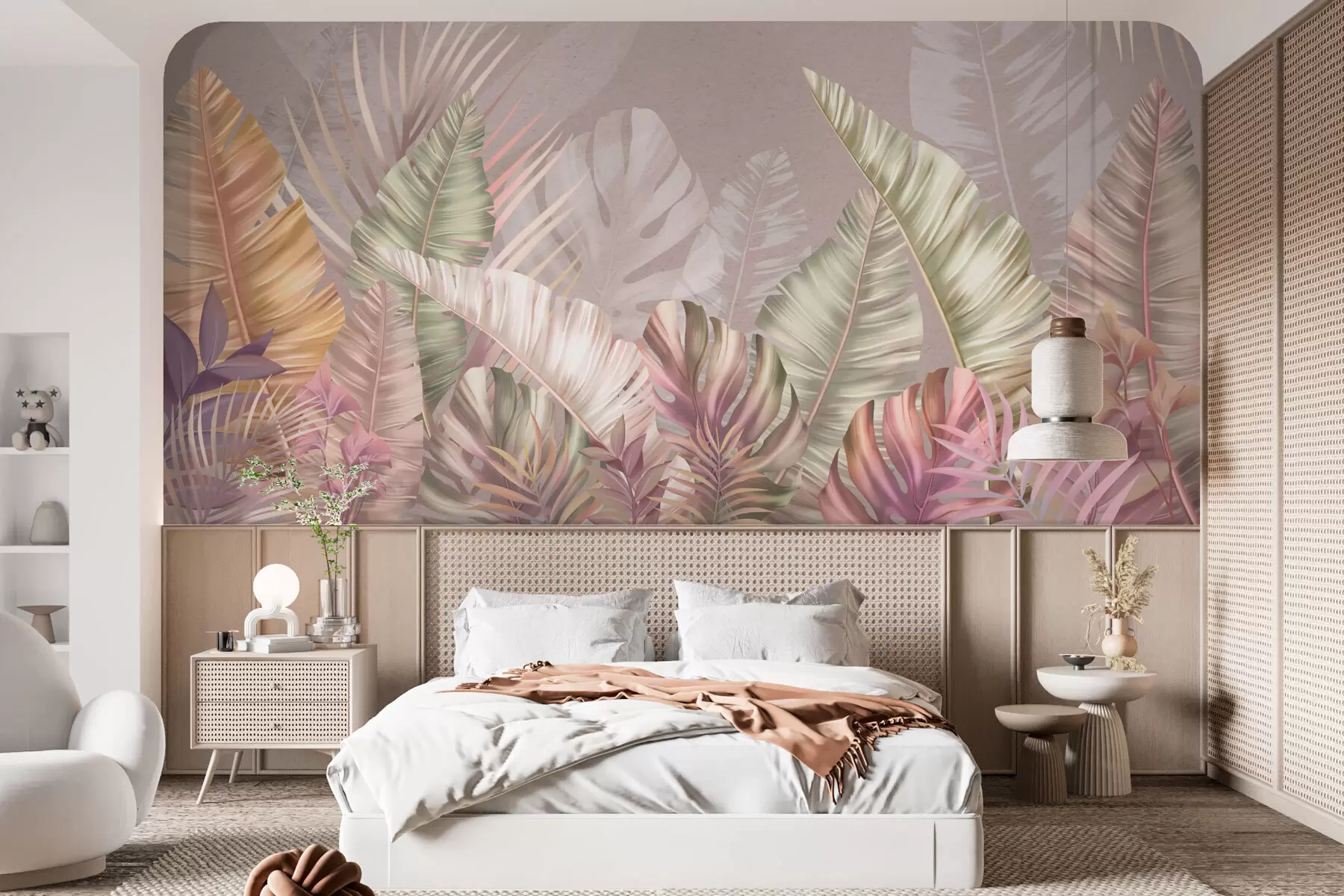 murales de pared Hojas tropicales en suaves tonos pastel w01684
