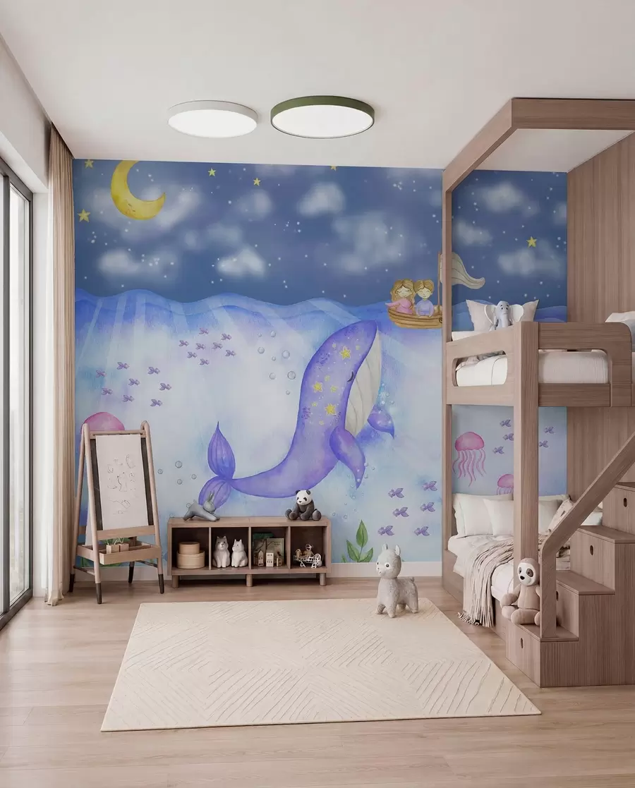 murales de pared Una ballena nada bajo una noche estrellada w01965