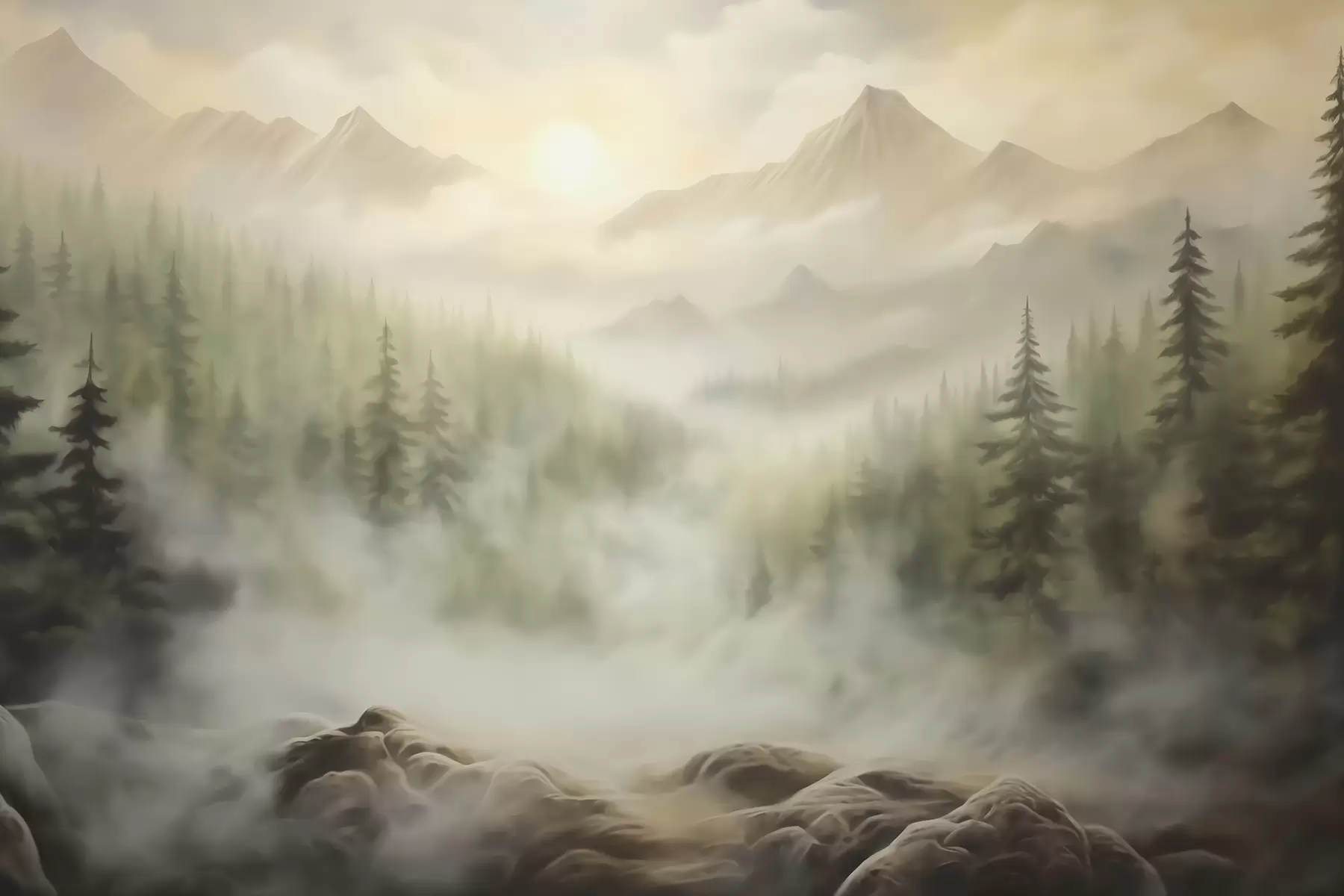 murales de pared Bosque en la niebla con las montañas como telón de fondo w04730