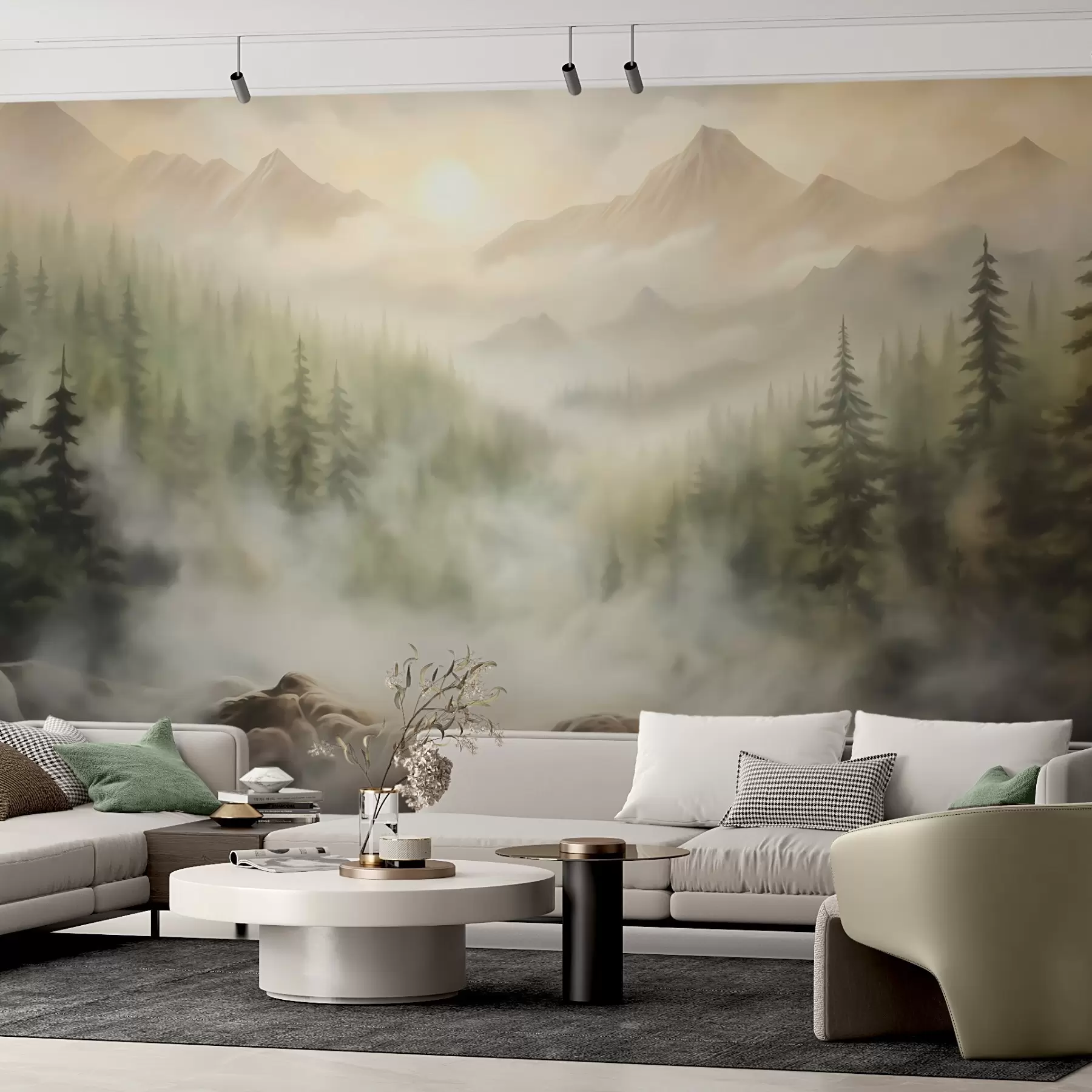 murales de pared Bosque en la niebla con las montañas como telón de fondo w04730