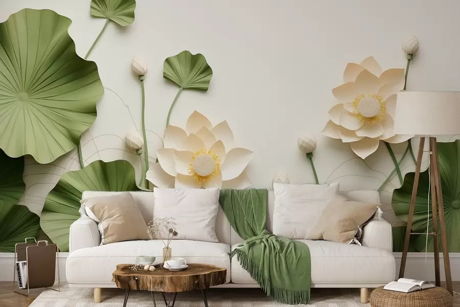 murales de pared Flores de loto en 3D con hojas verdes texturizadas, estilo minimalista. w09560