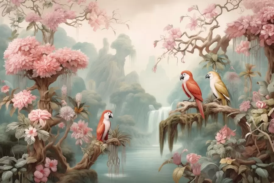 murales de pared Un bosque tropical de cuento de hadas con loros, árboles en flor con flores rosas y una cascada. w09580