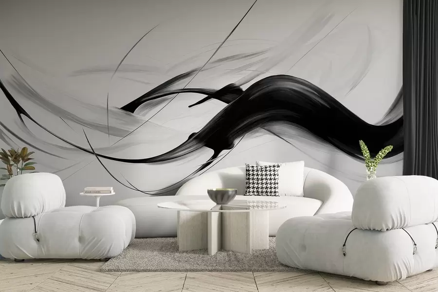 murales de pared Pinceladas abstractas en blanco y negro con líneas finas que crean un diseño moderno sobre un fondo claro. w09605