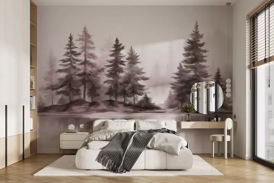 murales de pared Un bosque brumoso con textura y altos pinos pintados de imitación. w09610v1