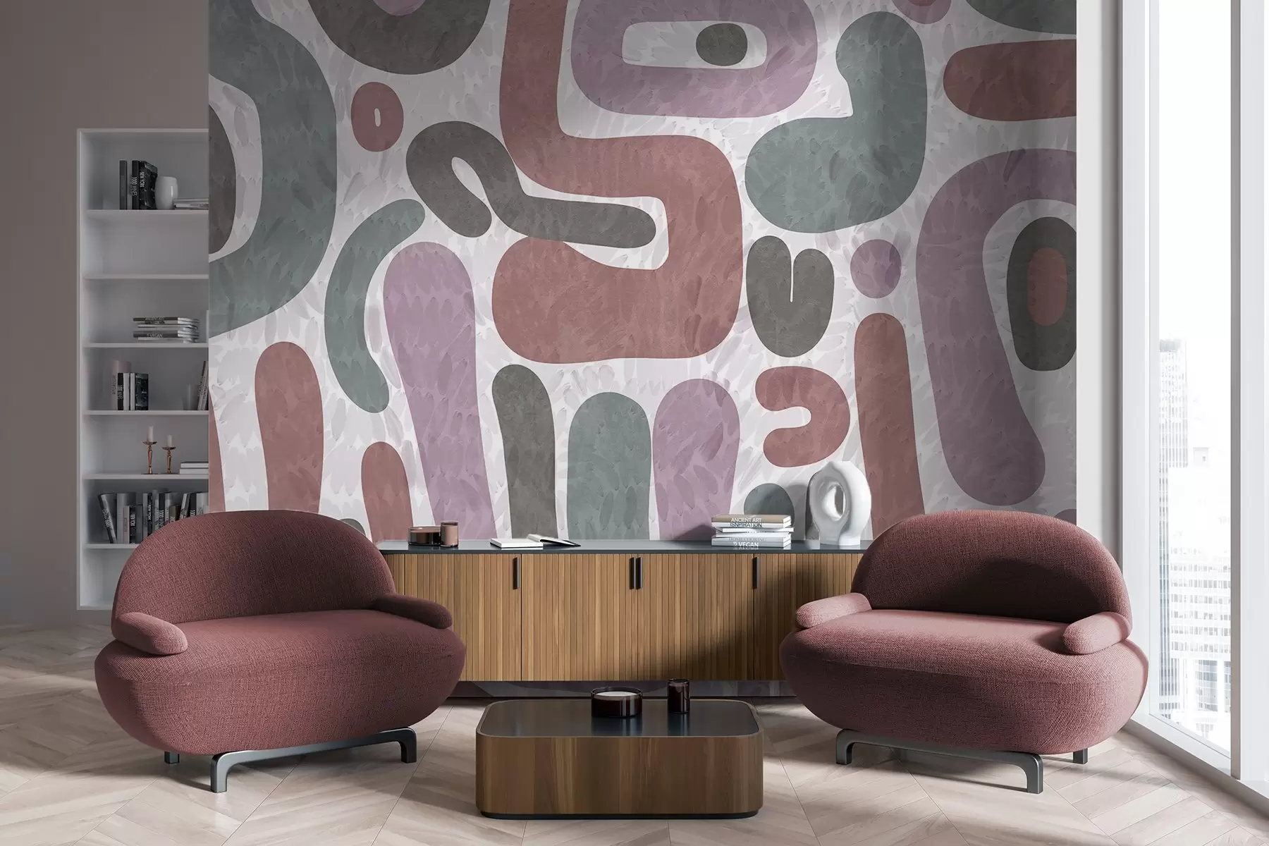 murales de pared Formas abstractas con textura en tonos apagados de rosa, verde y gris, sobre un fondo con textura. Arte moderno. w09622