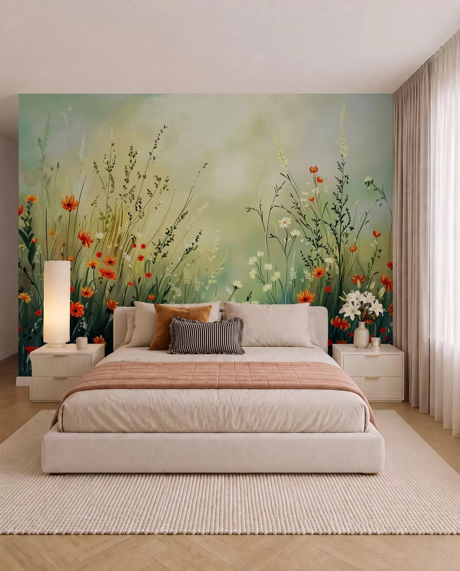 murales de pared Flores y hierbas del prado en un estilo pictórico suave. w05015