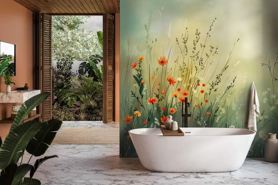 murales de pared Flores y hierbas del prado en un estilo pictórico suave. w05015
