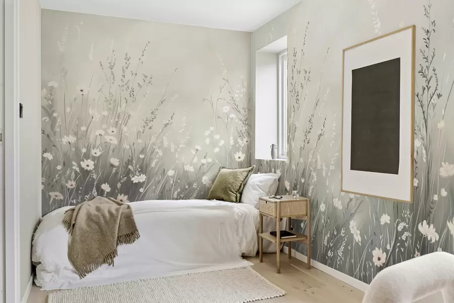 murales de pared Suave escena de pradera con flores blancas y delicadas hierbas. w05015v1