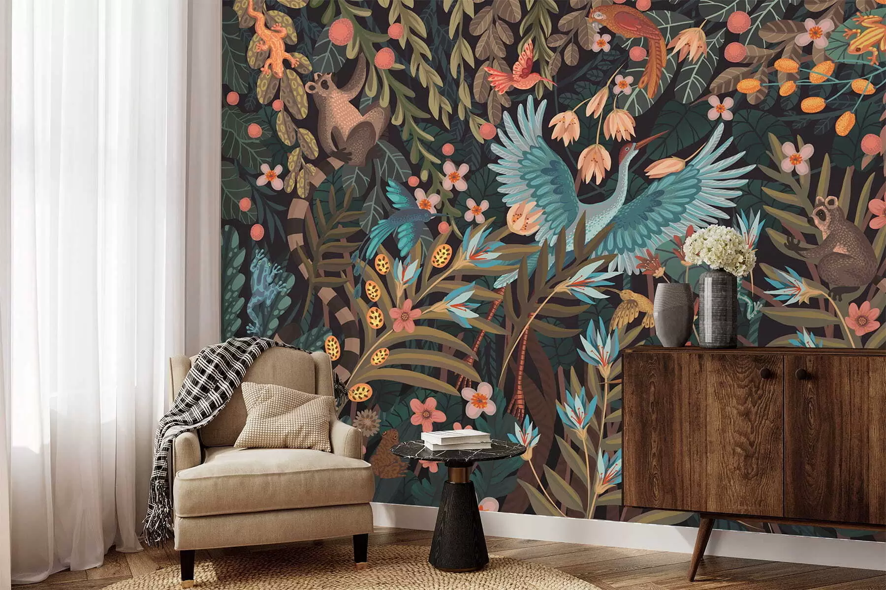 murales de pared Escena fantástica con pájaros y animales entre plantas w05024