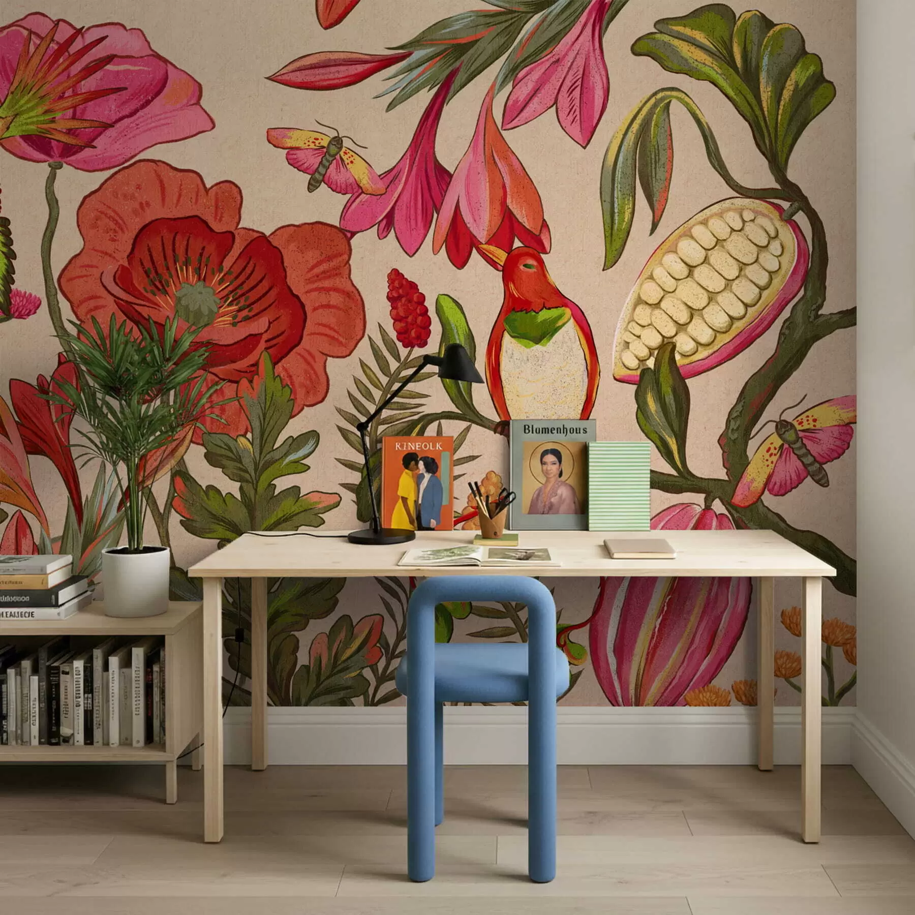 murales de pared Flores y pájaros decorativos sobre fondo beige w05036