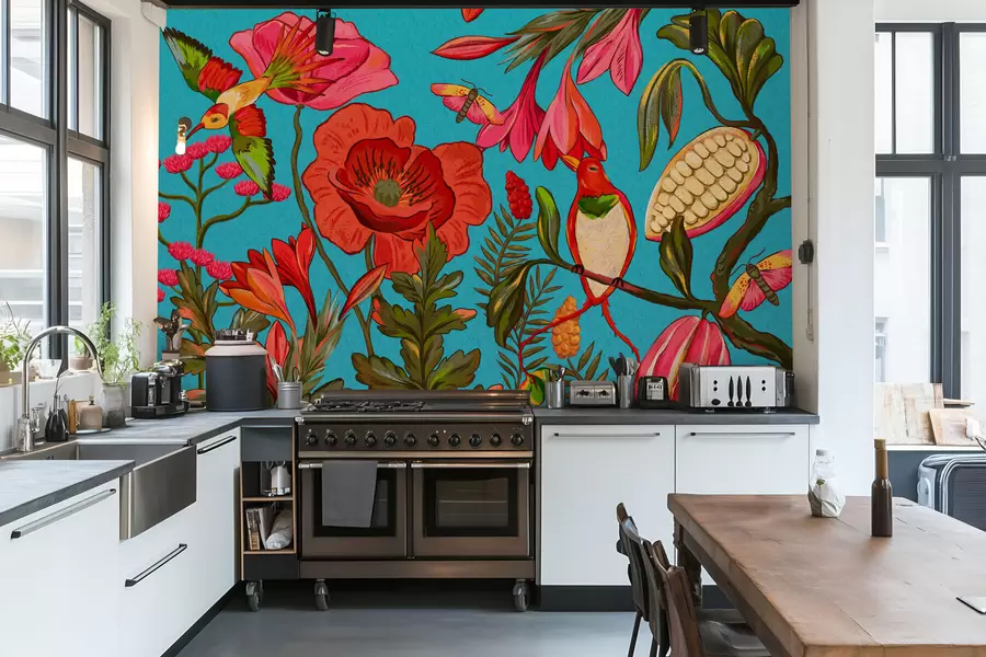 murales de pared Flores y pájaros decorativos sobre fondo azul w05036v3