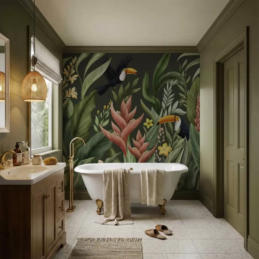 murales de pared Follaje tropical y aves de pico grande sobre fondo oscuro w05088