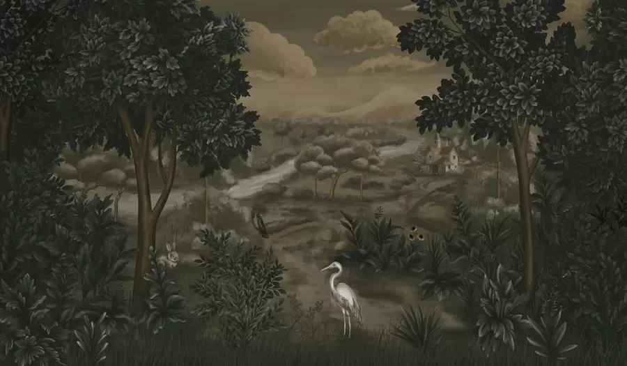 murales de pared Paisaje fantástico con río, casa y pájaros entre los árboles. w05090