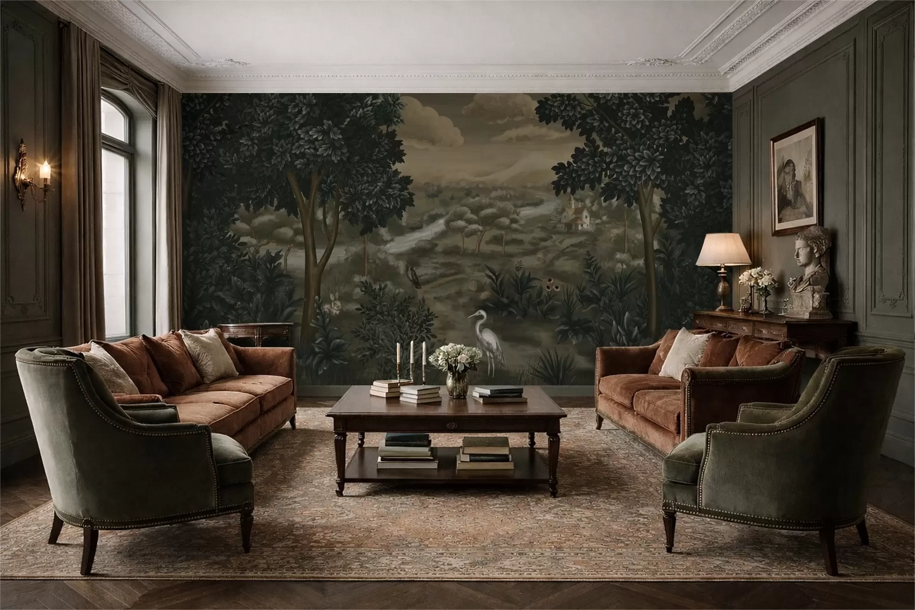 murales de pared Paisaje fantástico con río, casa y pájaros entre los árboles. w05090