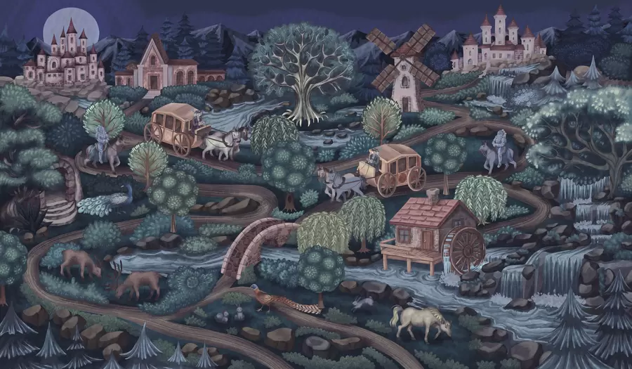 murales de pared Escena nocturna con castillos, molinos y bosques w05091