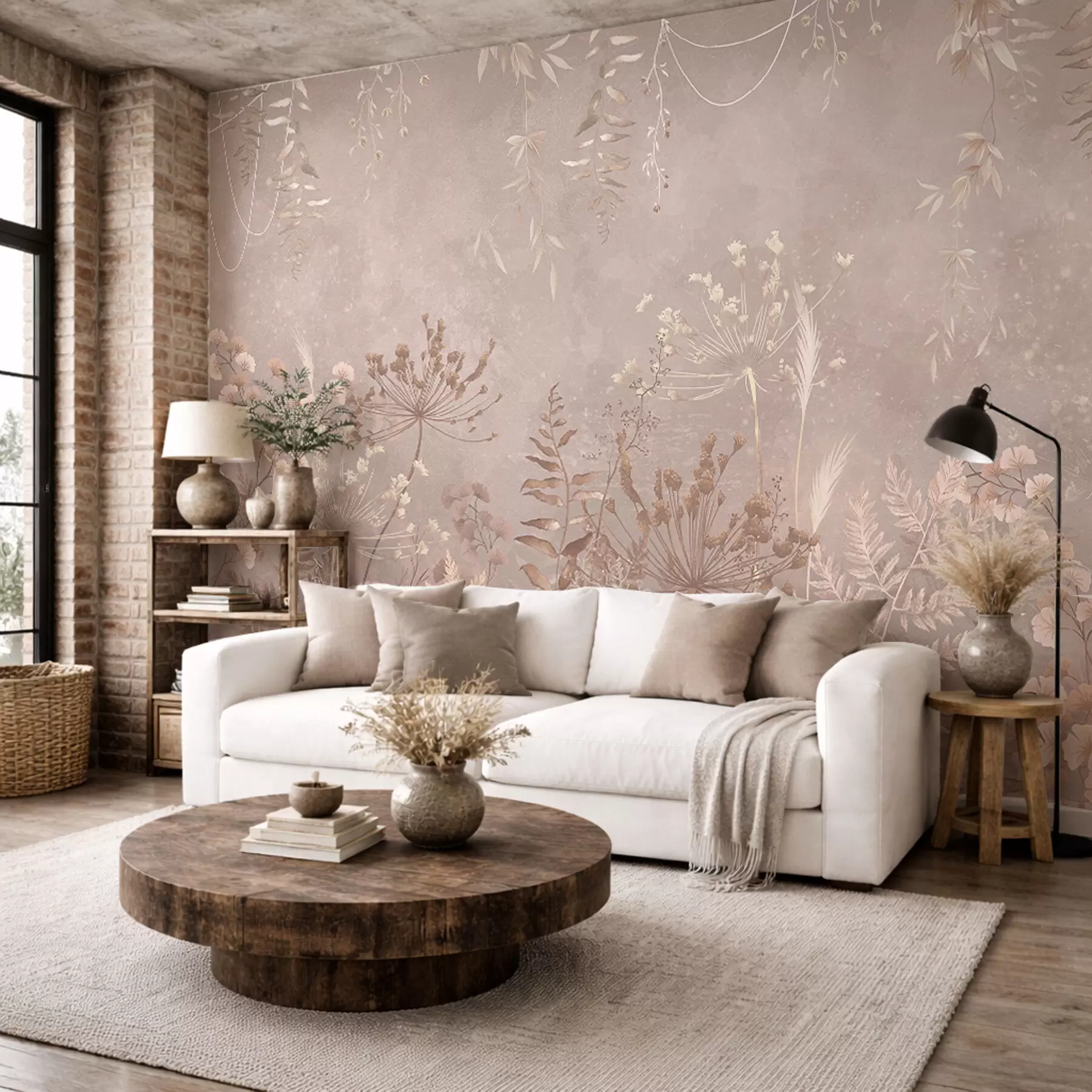 murales de pared Motivo botánico en beige suave con flores silvestres. w05092v2