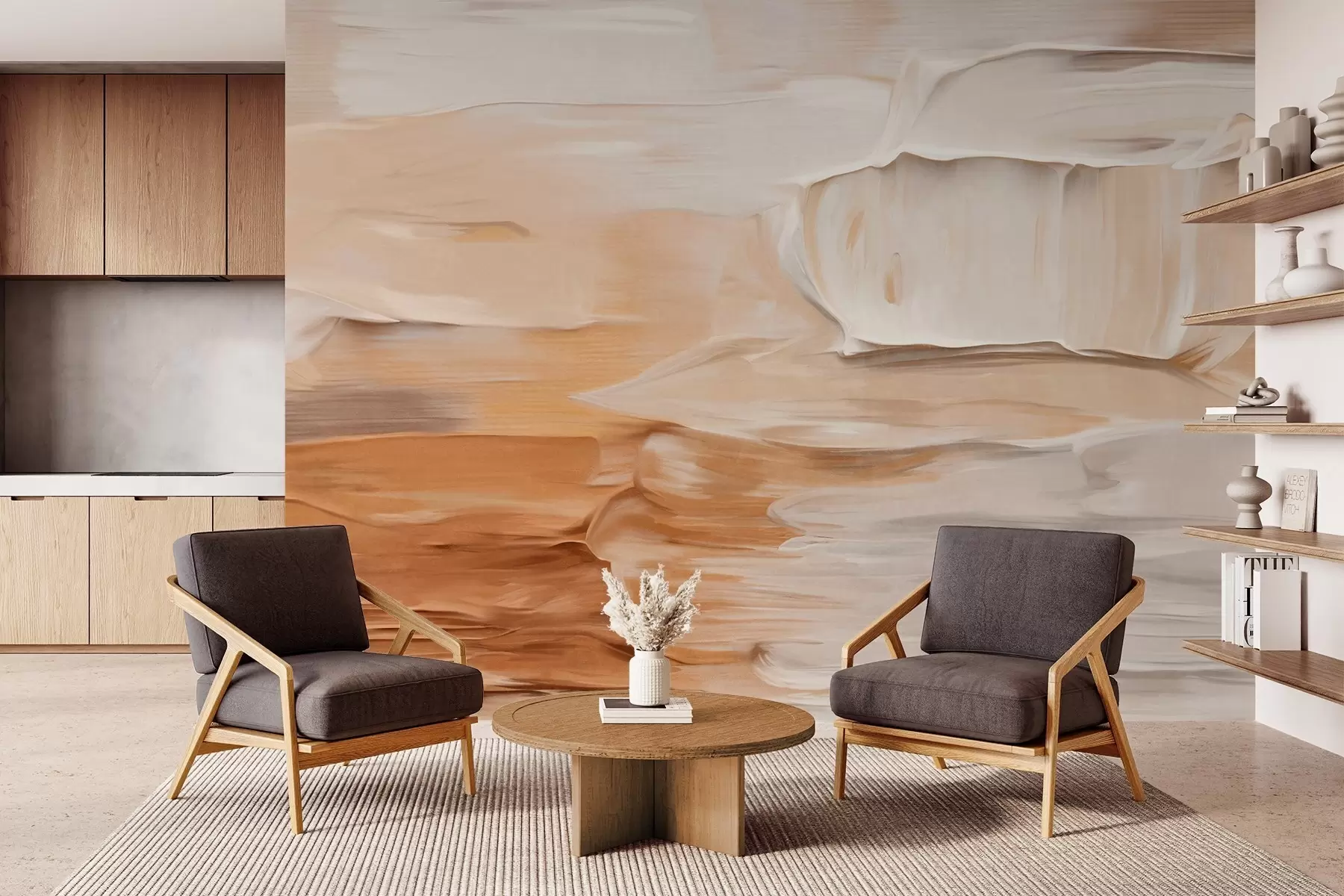 murales de pared Imitaciones de pinceladas abstractas con textura en tonos cálidos y terrosos de beige, crema y marrón, arte moderno. w09588