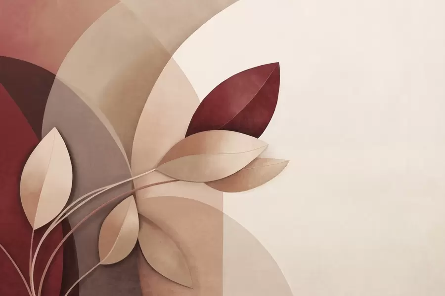 murales de pared Rama abstracta con textura y hojas en tonos marrones, beige y rojos, sobre un fondo de formas abstractas. w09618