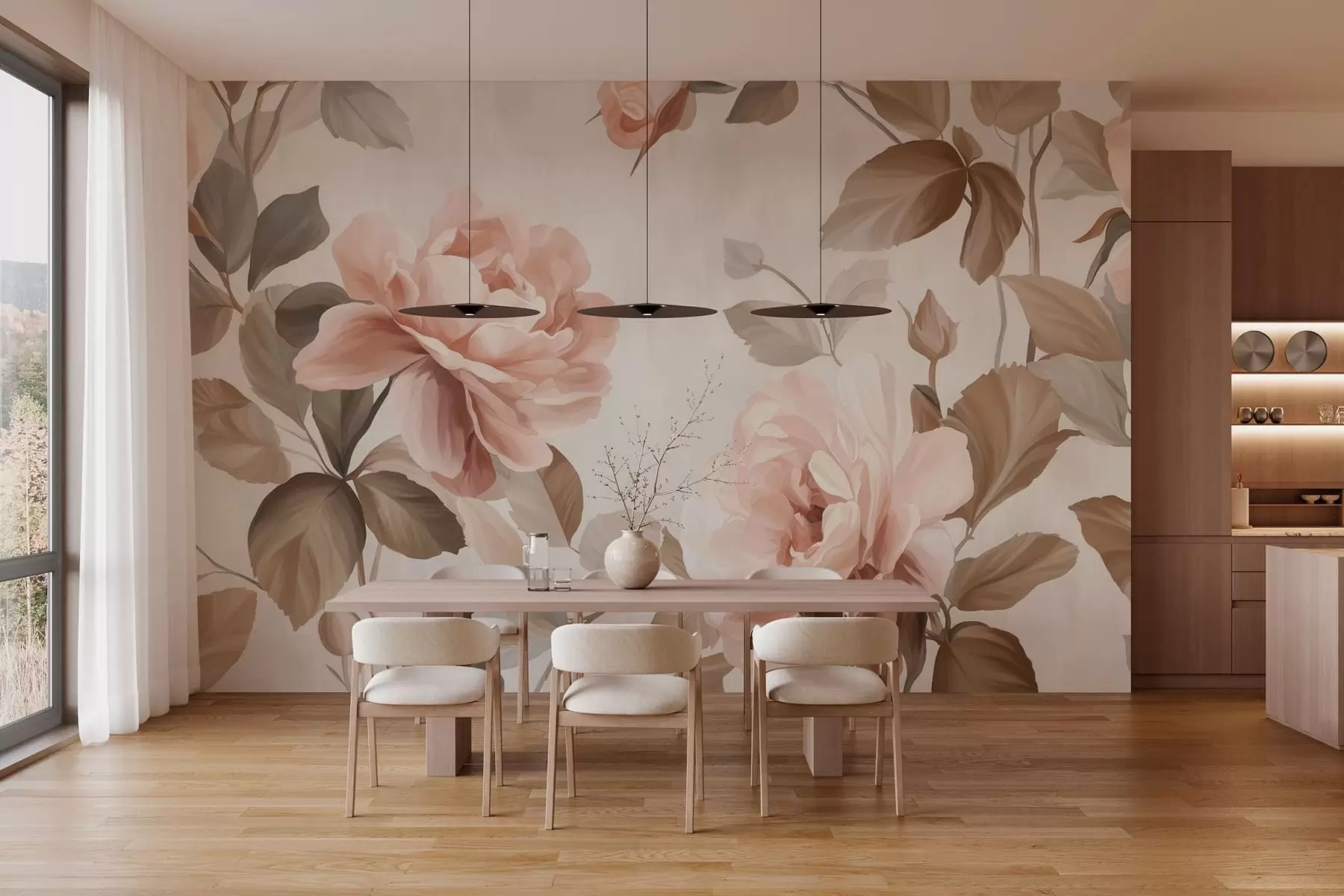 murales de pared rosas pintorescas al estilo de la pintura al óleo w04873