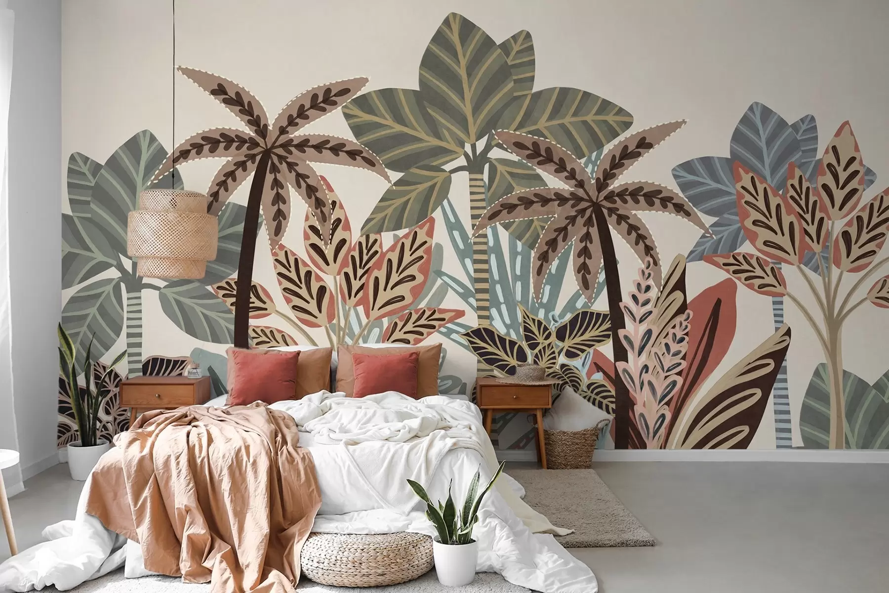murales de pared Plantas tropicales con textura y palmeras con colores apagados en estilo boho decorativo sobre un fondo crema. w09639
