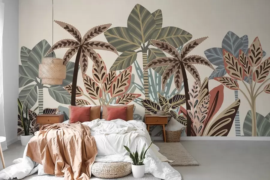 murales de pared Plantas tropicales con textura y palmeras con colores apagados en estilo boho decorativo sobre un fondo crema. w09639