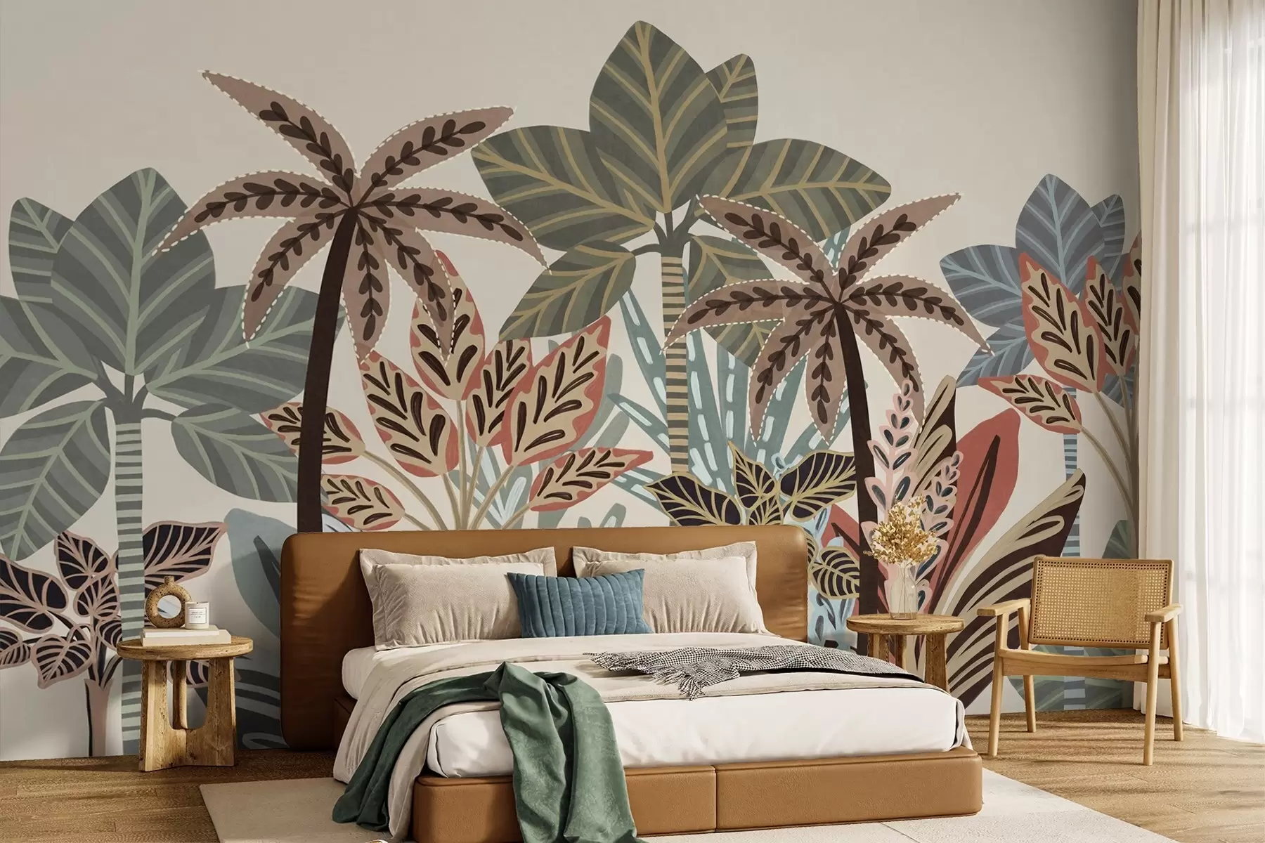 murales de pared Plantas tropicales con textura y palmeras con colores apagados en estilo boho decorativo sobre un fondo crema. w09639