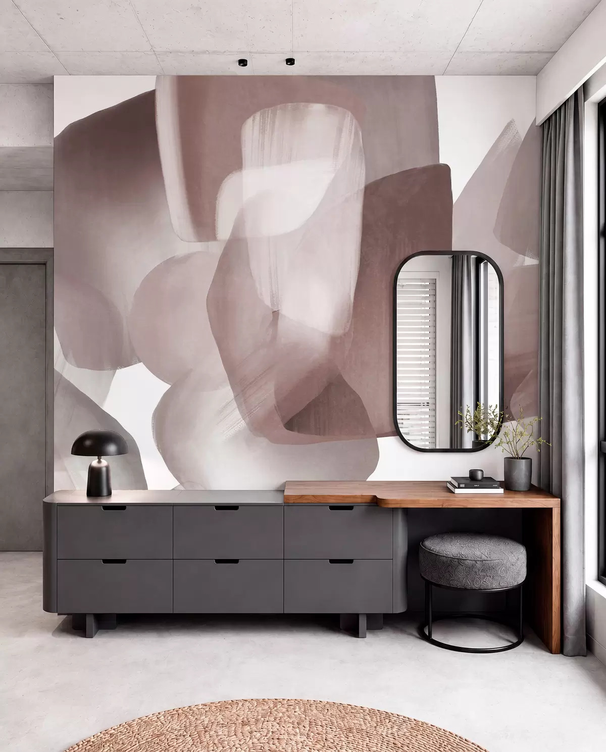 murales de pared Formas abstractas con textura en colores burdeos y gris apagados, con bordes suaves y capas superpuestas. w09642v2