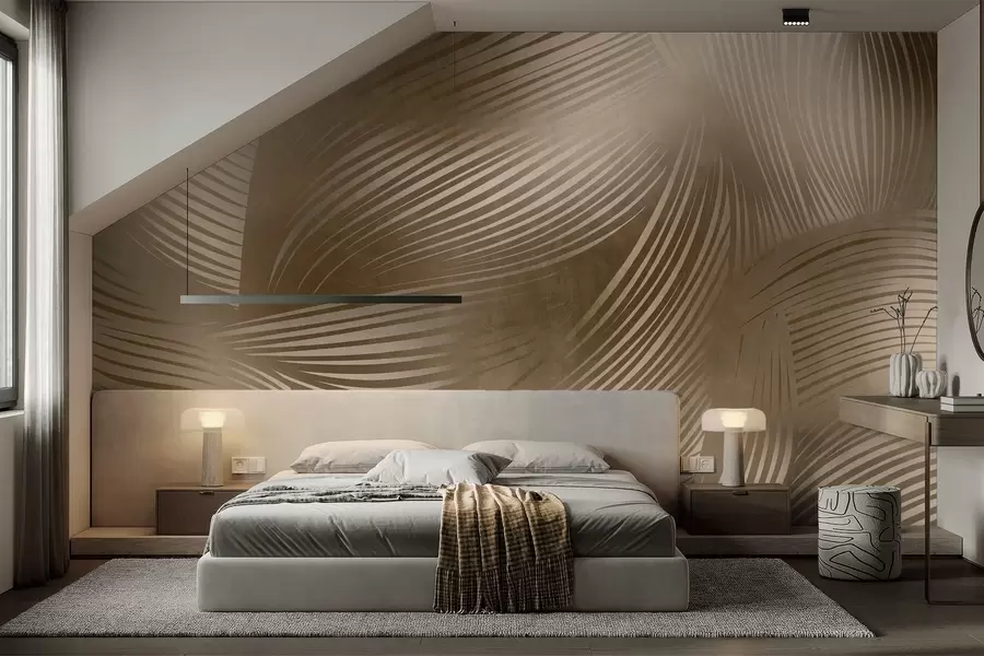 murales de pared Estampado abstracto de líneas fluidas y curvas en tonos marrón oscuro que crean un efecto texturizado y moderno. w09646