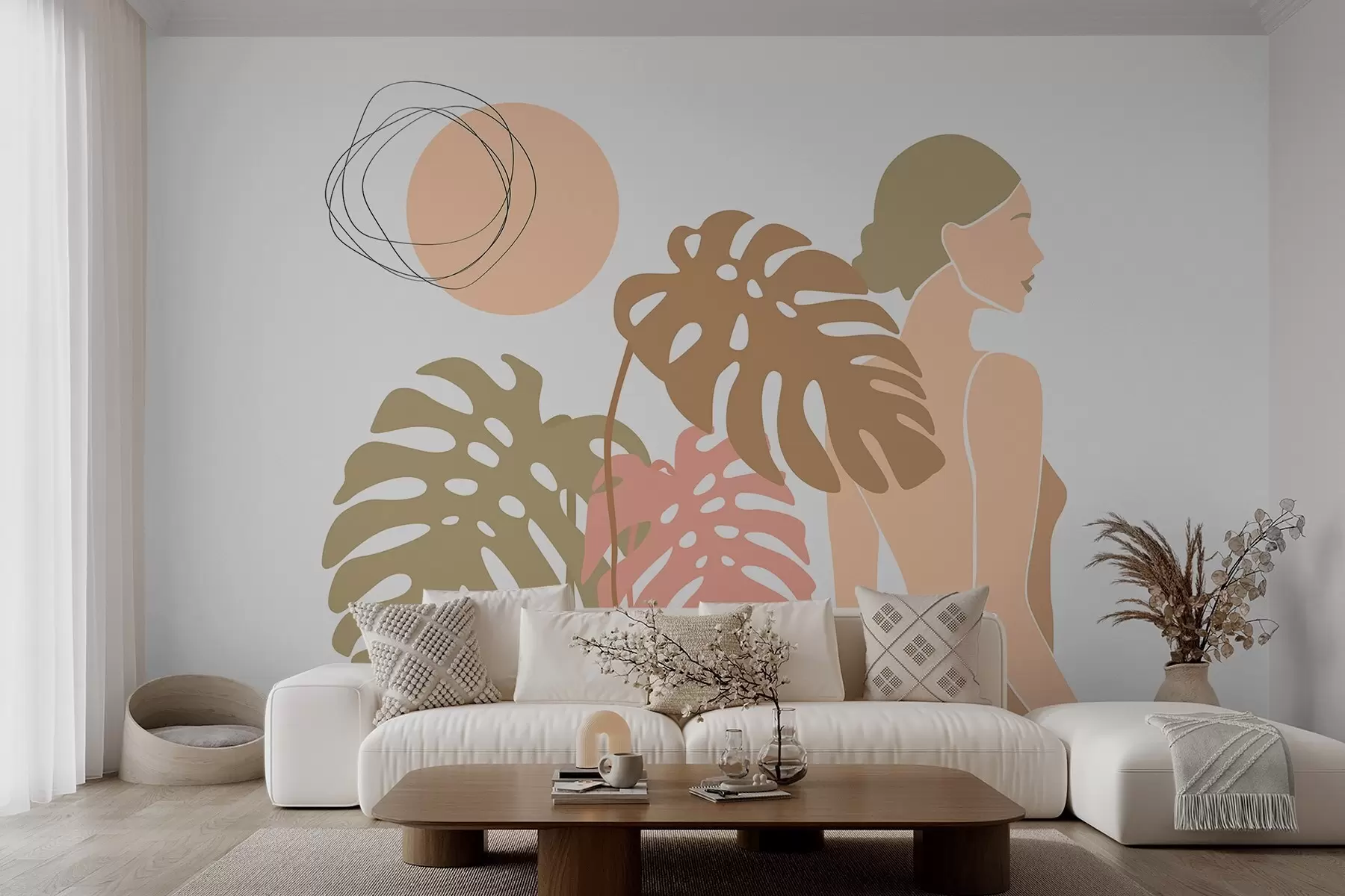 murales de pared Silueta de una mujer cerca de hojas tropicales w05192v1